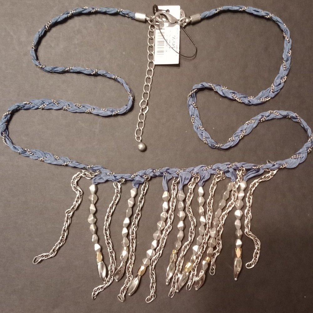 Chicos LISSA Matte Silver Tone Blue Ribbon Long Fringe Necklace